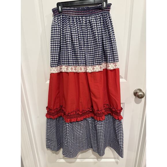Red White & Blue Gingham Tiered Maxi Skirt Handmade Lace Prairie Cottagecore - Picture 2 of 9